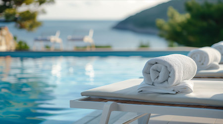 Sunbeds with towels by the pool with sea views.の素材