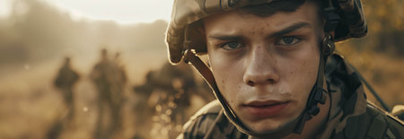 A Caucasian man in a camouflage military uniform is on a battlefield full of troops.の素材