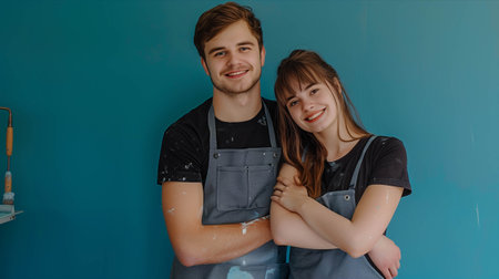 A Caucasian man and woman are hugging each other's shoulders and smiling with confidence painting a wall.の素材