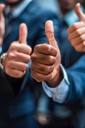 Closeup of many businessmen's hands giving thumbs up.の素材