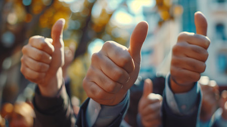 Closeup of many businessmen's hands giving thumbs up.の素材
