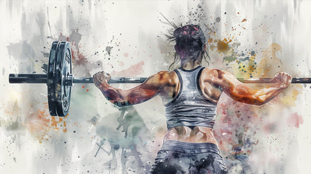 Watercolor illustration of woman in exercise clothes lifting a barbell in the gym.の素材