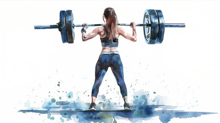 Watercolor illustration of woman in exercise clothes lifting a barbell in the gym.の素材