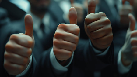 Closeup of many businessmen's hands giving thumbs up.の素材
