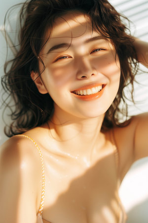 Asian woman wearing bikini on white background.の素材