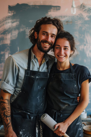 A Caucasian man and woman are hugging each other's shoulders and smiling with confidence painting a wall.の素材