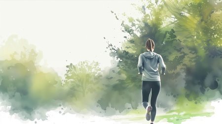 Watercolor, back view of female athlete in exercise clothes running in the park.の素材