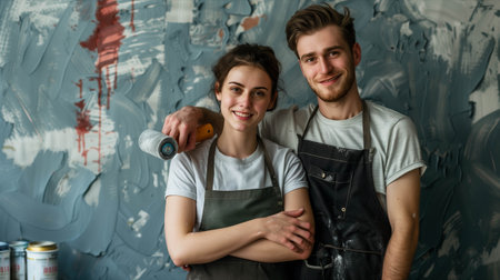 A Caucasian man and woman are hugging each other's shoulders and smiling with confidence painting a wall.の素材