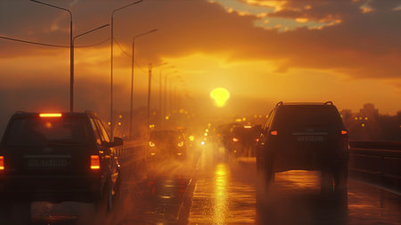 Cars running on the road During the sunset of the valley and the sea of ââmist.の素材