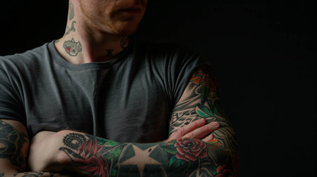 Caucasian man has tattoos on his body on black background.の素材