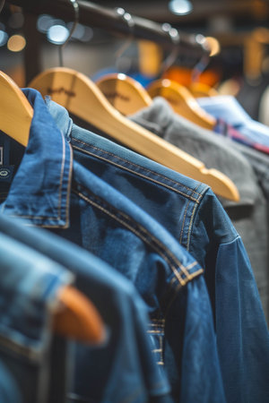 Men's clothes on hangers at a clothing rack in a store.の素材