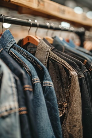 Men's clothes on hangers at a clothing rack in a store.の素材