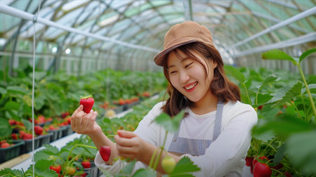 Asian woman picking strawberries in a greenhouse.の素材