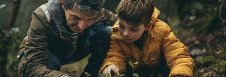 Caucasian father and son planting trees in the forest.の素材