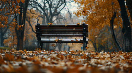 Upright bench in the park in autumn.の素材
