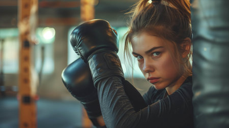Caucasian woman in exercise clothes punching a punching bag in the gym.の素材
