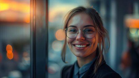 Caucasian businesswoman smiling with confidence in office.の素材