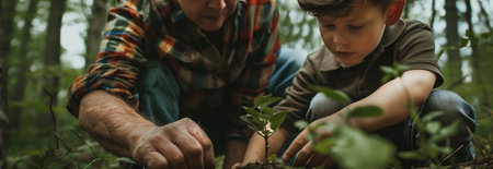 Caucasian father and son planting trees in the forest.の素材