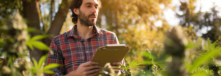 Caucasian male farmer inspects cannabis plants in outdoor farm.の素材