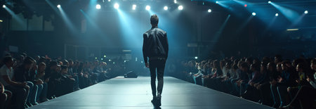 Caucasian male model in fashion clothes walks on the catwalk.の素材