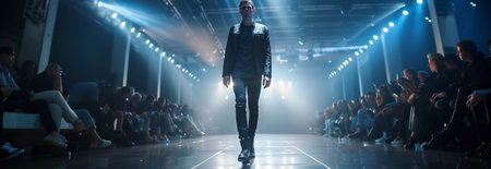 Caucasian male model in fashion clothes walks on the catwalk.の素材