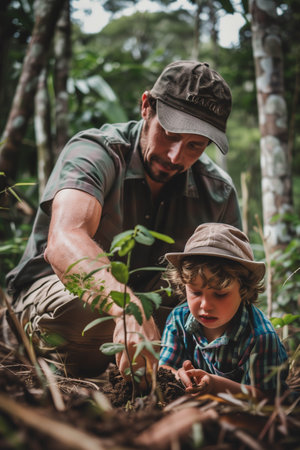 Caucasian father and son planting trees in the forest.の素材
