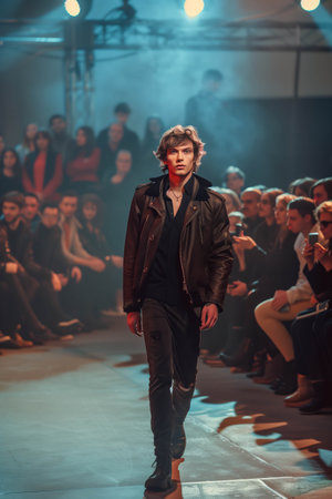 Caucasian male model in fashion clothes walks on the catwalk.の素材