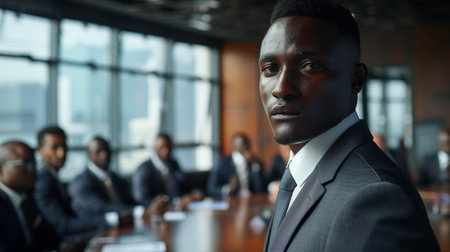 African male businessman stands in front of a conference table and poses with confidence in the office.の素材
