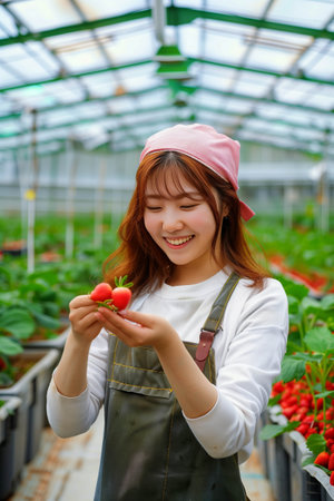 Asian woman picking strawberries in a greenhouse.の素材