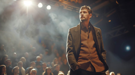 Caucasian male model in fashion clothes walks on the catwalk.の素材