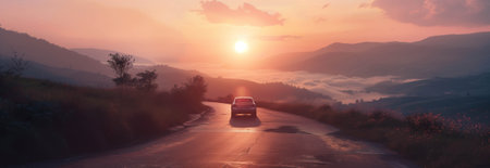Cars running on the road During the sunset of the valley and the sea of ââmist.の素材