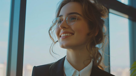 Caucasian businesswoman smiling with confidence in office.の素材