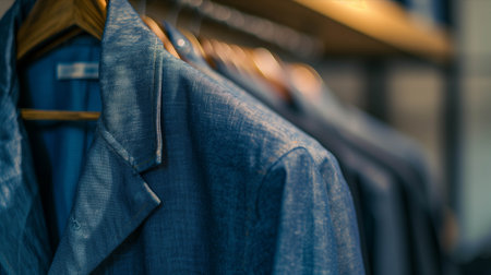 Men's clothes on hangers at a clothing rack in a store.の素材