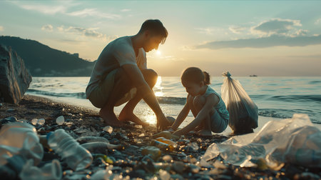 Caucasian father and daughter are helping to collect trash on the beach.の素材