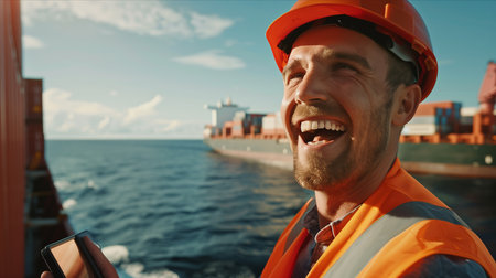 A Caucasian man is using a tablet to check goods on a container ship sailing at sea.の素材