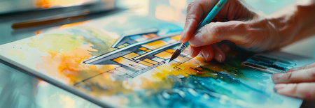 A close-up of a designer's hand is a watercolor of a modern house on paper.の素材