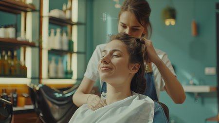 Caucasian woman cutting hair of customer in hair salon.の素材