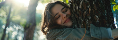 Caucasian woman hugging the trunk of a big tree in the forest.の素材
