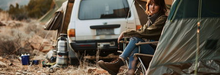 Caucasian woman is on a camping trip in the forest.の素材
