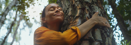 Caucasian woman hugging the trunk of a big tree in the forest.の素材