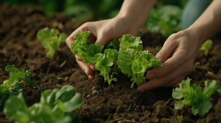 Closeup of hand planting lettuce seedlings in the ground at the garden.の素材