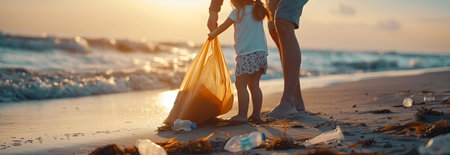 Caucasian father and daughter are helping to collect trash on the beach.の素材