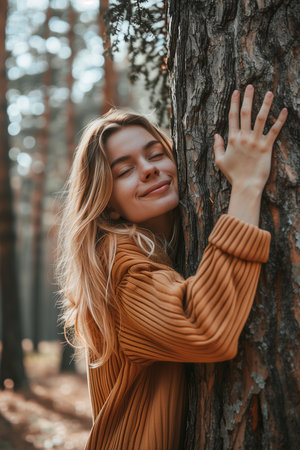 Caucasian woman hugging the trunk of a big tree in the forest.の素材