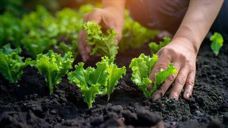 Closeup of hand planting lettuce seedlings in the ground at the garden.の素材