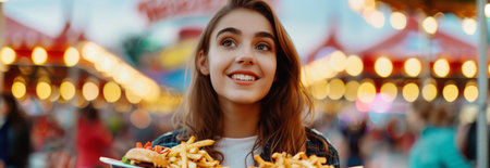 Caucasian woman holding fast food in two hands at carnival.の素材