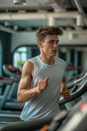Caucasian man running on treadmill in gym.の素材