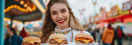 Caucasian woman holding fast food in two hands at carnival.の素材