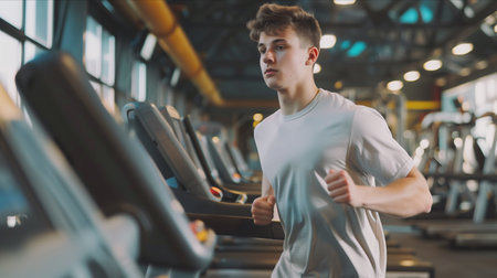 Caucasian man running on treadmill in gym.の素材