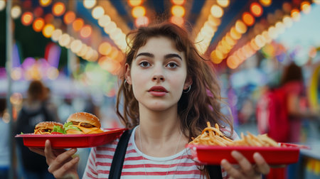 Caucasian woman holding fast food in two hands at carnival.の素材