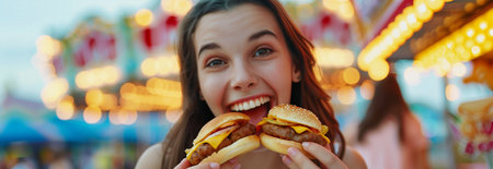 Caucasian woman holding fast food in two hands at carnival.の素材
